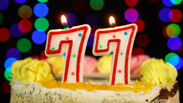 Number 77 Happy Birthday Cake Witg Burning Candles Topper.