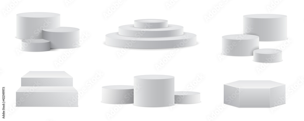 Poster set realistic podium. pedestal and platform, stand stage, cylinder. round empty stages and podium st