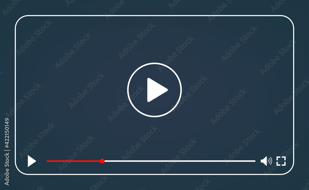 Poster multimedia video player with play button, play video online window with navigation icons, video stre