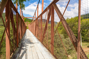 Iron bridge with mountains and forest