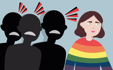 A young woman in a rainbow LGBT sweater is abused because of her sexuality. Homophobic bullying of a girl. Rejection of someone else's orientation and self-identification. Social problems. Vector flat
