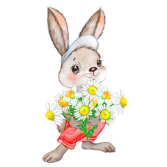 Watercolor illustration of a rabbit with a bouquet of daisies, cute baby animal 