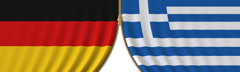 Flags of Germany and Greece and closing or opening zipper between them. Political negotiations or interaction conceptual 3D rendering