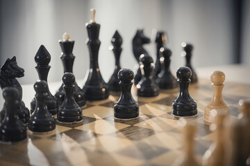 Wooden chess pieces on the chessboard.