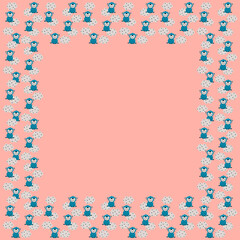 The square frame of blue little pretty lambs sits and smiles, beige clouds on a pink background. Scandinavian style. For printing on children's design, card. Vector.