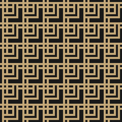 Golden geometric seamless pattern. Vector abstract texture with squares, lines, grid, net, lattice. Simple modern gold and black background. Stylish luxury ornament. Repeat design for decor, cover