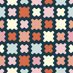 Vector abstract geometric seamless pattern. Simple texture with colorful organic shapes, curved mesh, grid. Stylish abstract background. Vintage pastel colors. Repeated design for wallpaper, fabric