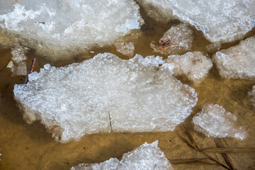 Loose broken ice on the river near the shore on a spring sunny day.