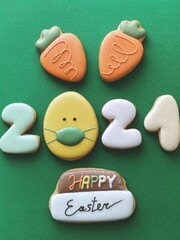 happy easter greeting card with face protective mask to prevent coronavirus pandemic