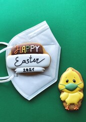 happy easter greeting card with face protective mask to prevent coronavirus pandemic
