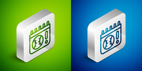 Isometric line Calendar with baseball game icon isolated on green and blue background. Game day. Silver square button. Vector
