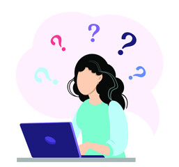 Question marks with young woman using her laptop on. Vector illustration.