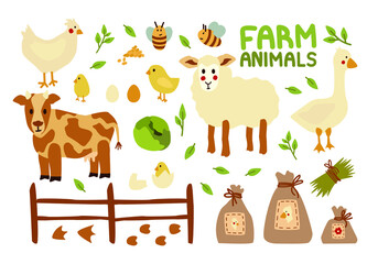Set of farm animals and birds - goose, chicken, cow, lamb, chickens and bags of food. Vector illustration. Eco-style elements for packaging and textile design, children's games, scrapbooking
