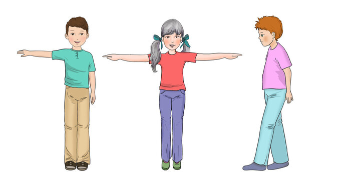 Three schoolboy next to each other on a white background. A girl child with arms wide open. Boy with one arm sideways outdoor. a step taken by a child in walking.