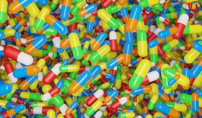 Tablets colored capsules with the drug. 3D illustration. 3D rendering