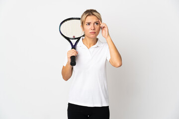 Young Russian woman tennis player isolated on white background having doubts and thinking