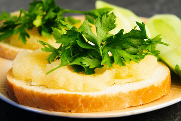 Sandwich with caviar delicacy fish species of cod