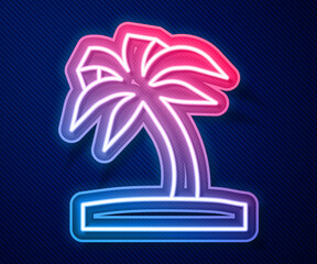 Glowing neon line Tropical palm tree icon isolated on blue background. Coconut palm tree. Vector