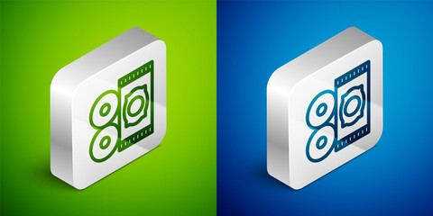 Isometric line Traditional carpet culture ramadan arabic islamic celebration icon isolated on green and blue background. Silver square button. Vector