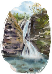 Hand Drawn Watercolor Landscape With Waterfall in Forest