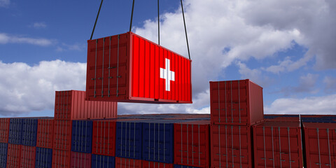A freight container with the swiss flag hangs in front of many blue and red stacked freight containers - concept trade - import and export - 3d illustration