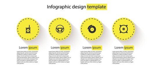 Set Canister for motor oil, Steering wheel, Car brake disk with caliper and audio speaker. Business infographic template. Vector