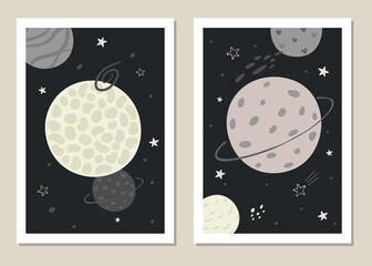 Childrens trendy vector set of illustrations of space theme in minimalist style.