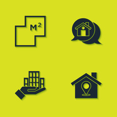 Set House plan, Location with house, Skyscraper and Real estate message icon. Vector
