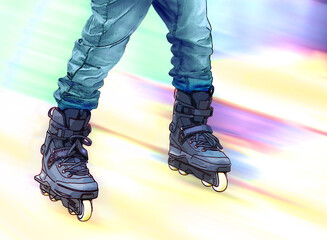 The legs of a young male roller bladder with baggy denim jeans. 