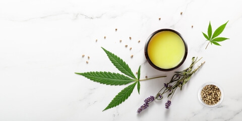 Composition with cannabis wax salve or cream with  lavender extract, flowers, hemp leaves  and...
