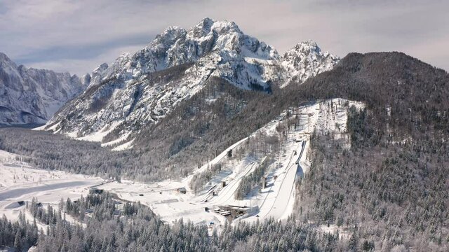 Aerial view of Ski Jump in Planica, Slovenia at Ratece near Kranjska gora in winter with snow.