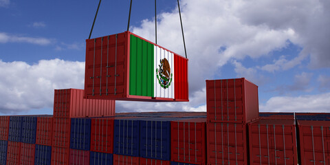 A freight container with the mexican flag hangs in front of many blue and red stacked freight containers - concept trade - import and export - 3d illustration