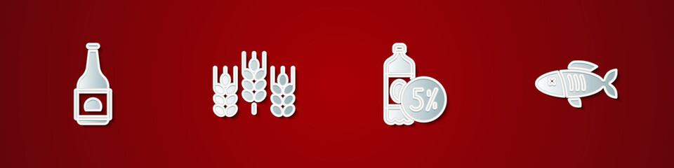 Set Beer bottle, Wheat, and Dried fish icon. Vector