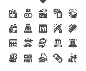 Car parts shop. Car oil, wheels, mirrors, hose clamps, spark plug and other. Auto chemical goods. Car repair and garage. Vector Solid Icons. Simple Pictogram