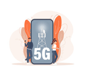 Flat 5g people on light background. Digital communication. Internet technology.