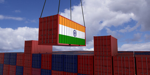 A freight container with the indian flag hangs in front of many blue and red stacked freight containers - concept trade - import and export - 3d illustration