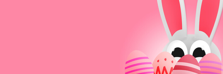 White rabbit on pink backroung. Hided behind easter eggs. Banner. Illustration. 