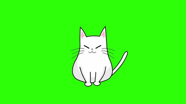 Cartoon character white cat dance loop animation on green screen. Kawaii anime style. 