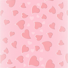 Love hearts seamless pattern. Vector rose pink halftone background. Ornamental elegance repeat half tone backdrop. Romantic beautiful light ornaments with polka dots, circles, love hearts