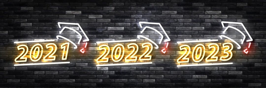 Vector set of realistic isolated neon sign of Graduation 2021, 2022 and 2023 logo on the wall background.