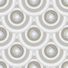 White 3d circles seamless pattern. Vector ornamental light background. Surface repeat Deco backdrop. Tiled round 3d mandalas. Geometric luxury ornaments. Decorative ornate design with 3d buttons