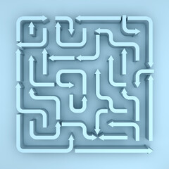 An Elevated view of Blue Arrows Maze. 3D Rendering