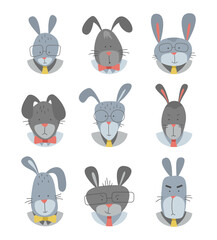 Vector set with cartoon bunnies - cute office workers. A series of funny rabbits in ties. Hand-drawn stickers.