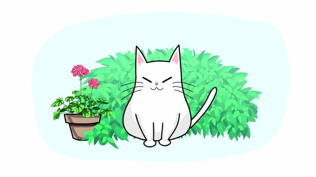 Cartoon character white cat dance with geranium flower loop animation. Kawaii anime style. Decorative motion graphic for game, music, video title and cartoon animation.