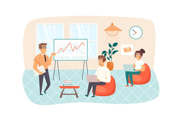 Teamwork of content managers scene. Colleagues brainstorming, discussing site statistics, content strategy. SEO optimization, promotion concept. Vector illustration of people characters in flat design