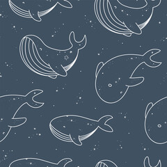 Cute seamless pattern with whales and stars. 