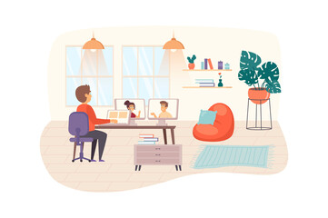 Video conferencing at home scene. Man having video call meeting with colleagues or friends. People connecting via online technologies concept. Vector illustration of people characters in flat design