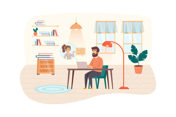 Video conferencing at home scene. Man have video call meeting with woman at laptop sitting at room. Online communication technologies concept. Vector illustration of people characters in flat design