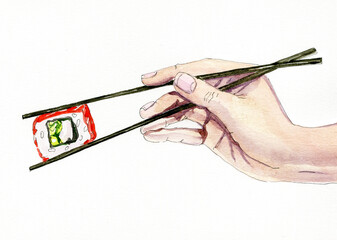 Hand with chopsticks for sushi