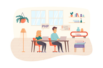 Developers team testing software in office scene. Man and woman works on laptops, fixing bugs in program code. Application development concept. Vector illustration of people characters in flat design